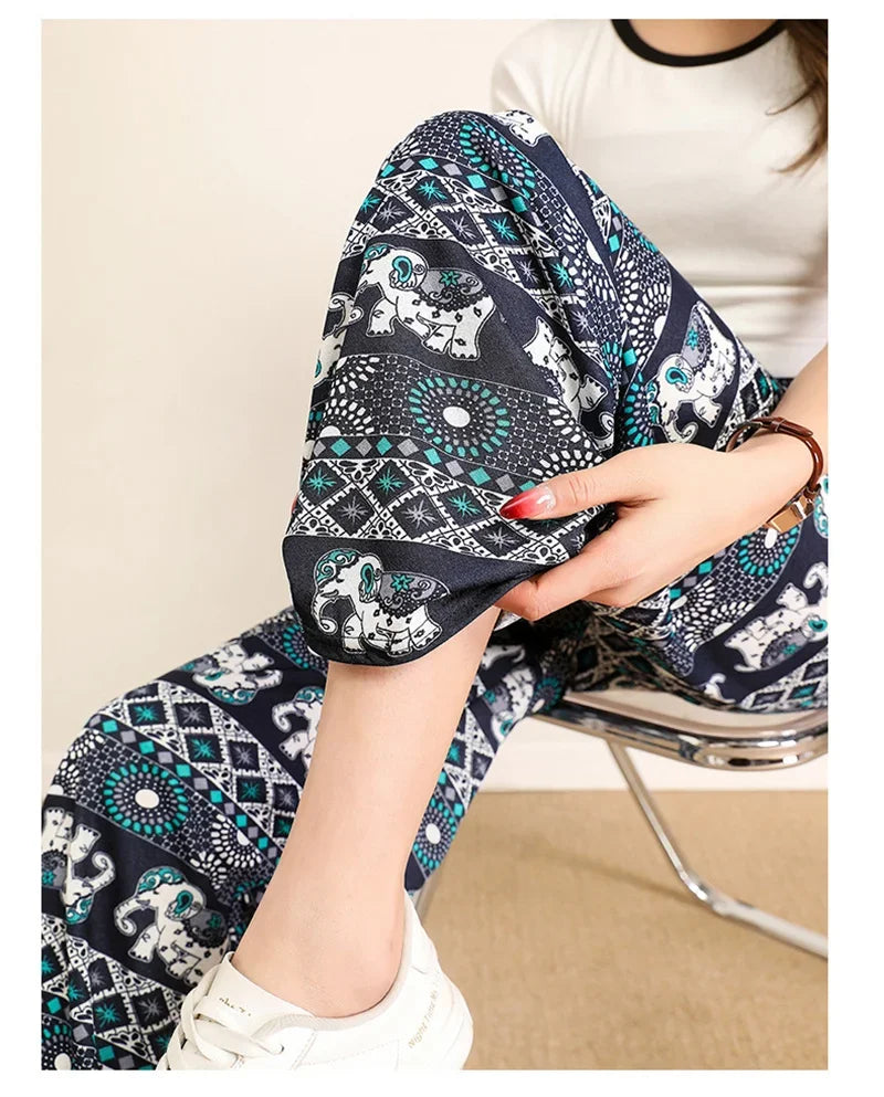 Women Wide Leg Pants High Waist Elephant Print Pant Summer Thin Straight Trousers Casual Bottoms Female Clothing 2023 Fashion