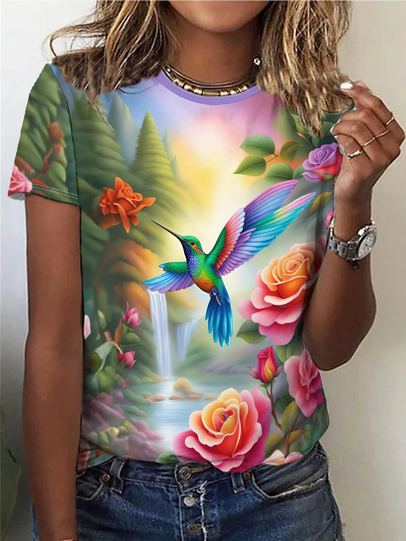 Hummingbird Print T-shirt, Casual Crew Neck Short Sleeve Top For Spring & Summer, Women's Clothing