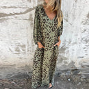 the LOUNGER BOHO - Vintage Leopard Print Bohemian Casual V-Neck Loose Long Sleeve Maxi Dress for Women