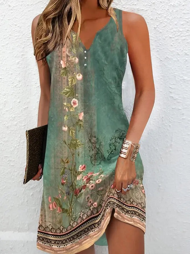 Women's Dresses Summer Fashion Stitching V Neck Loose  Bohemian Vacation Woman Basic sleeveless Vestidos