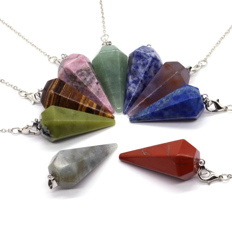 the PENDULUMS - Reiki Healing Quartz Pendulums, Natural Stones Pendant, Faceted Crystals Cone Charms Dowsing Spiritual Divination Chakras Pendulos