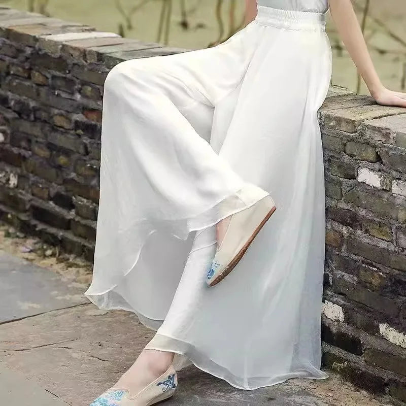 the CHIFFON BOHO - Elegant Fashion Casual Chiffon Elastic Waist Wide Leg Pants