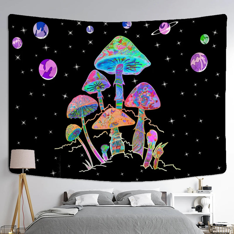 the PLANET MUSHROOM - Cartoon Planet Mushroom Tapestry Wall Hanging, Psychedelic Abstract Boho Kawaii Bedroom/Living Room/Bedroom Decor