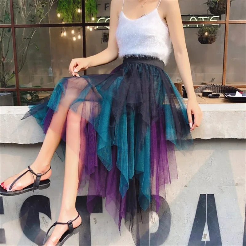 Fashion Summer Tutu Women Skirt Harajuku Tulle Bottom Faldas Casual High Waist Midi Mesh Skirts Woman Clothes Saia Jupe Femme