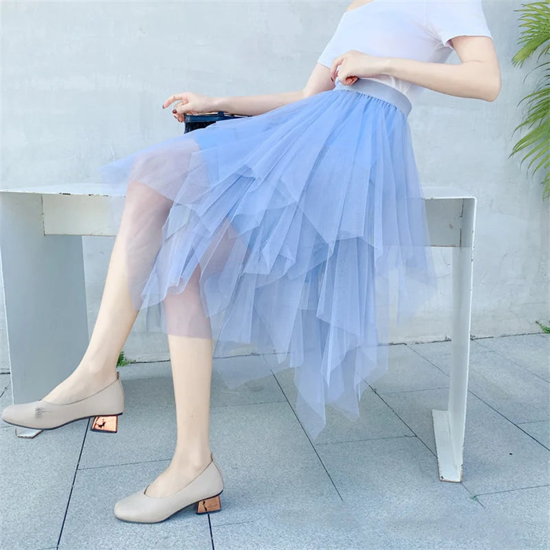 Fashion Summer Tutu Women Skirt Harajuku Tulle Bottom Faldas Casual High Waist Midi Mesh Skirts Woman Clothes Saia Jupe Femme