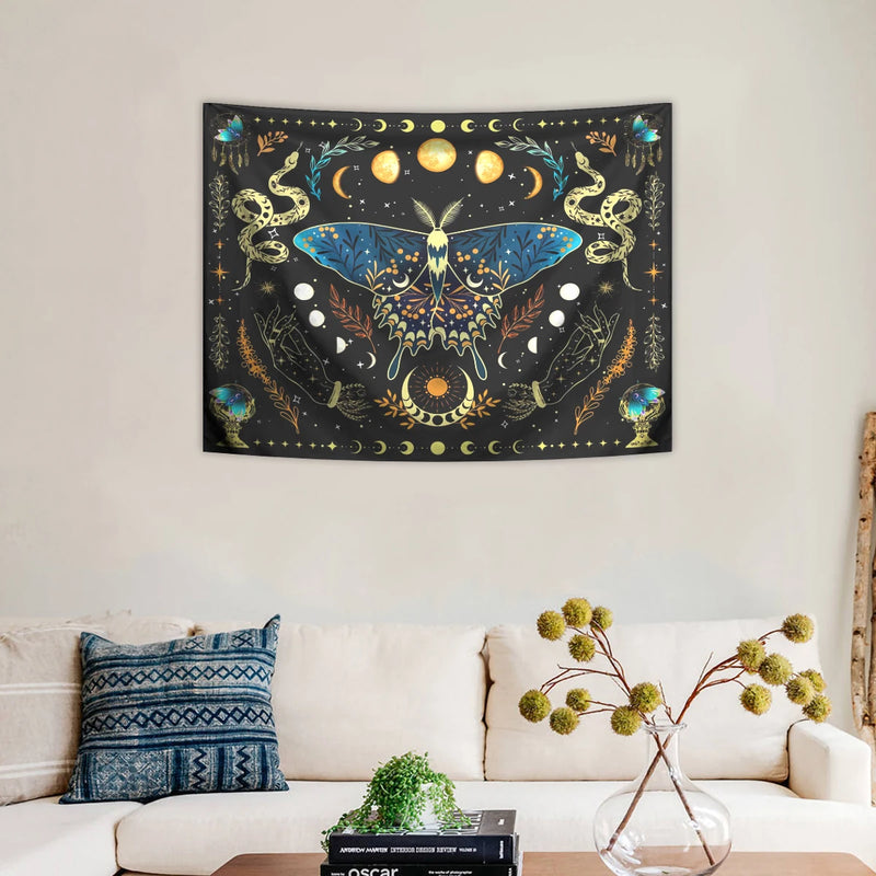 the MOTHMAN - 1PC Butterfly Moon Tapestry, Bohemian Tapestry, Aesthetic Moth Snake Tapestry, Retro Plant Starry Sky Tapestry