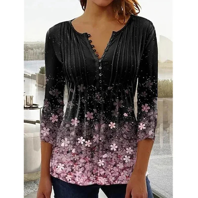 the FLOWER SHOP - Women's Vintage Floral Print Pleated Button Spring/Summer Fashion V-Neck 3/4 Sleeve Elegant Slim Blouse Tops