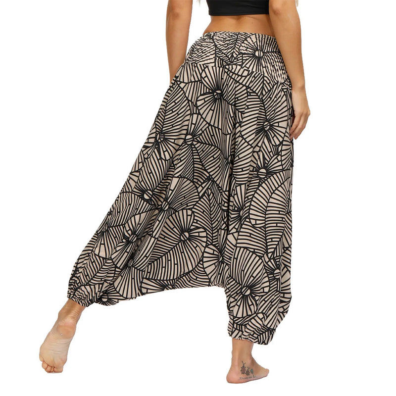 Women Bohemian Harem Pants Elastic Waist Wide Leg Long Pant Vintage Printed Trousers Female Loose Capris Ladies Streetwear