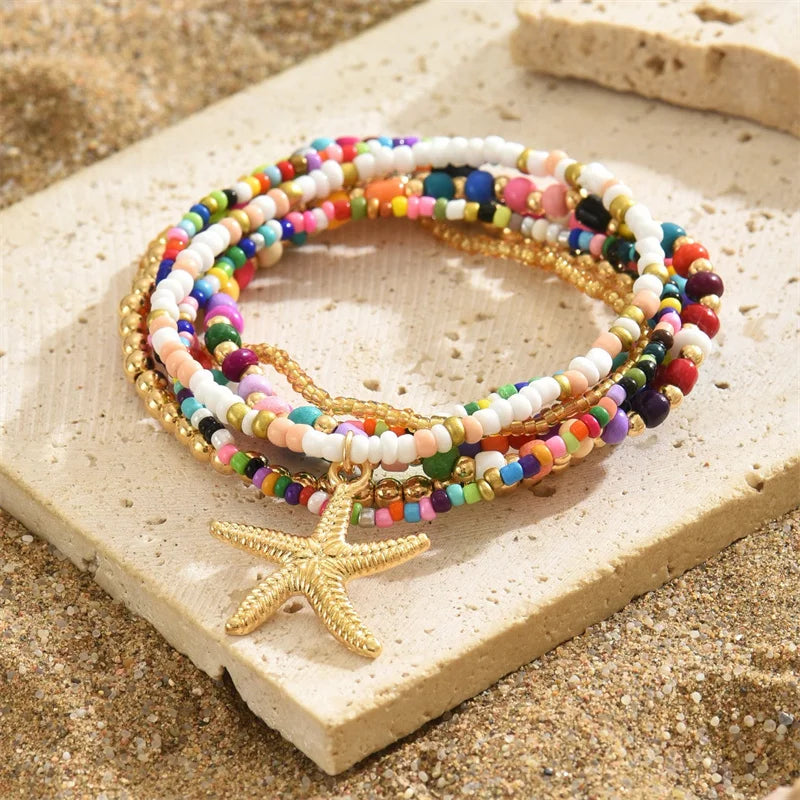 the BEADED STARFISH - Boho Stacking Multilayer Color Rice Beads Starfish Bracelet for Women, Fashion Beaded Rope Chain Summer Beach Wrist Jewelry Gifts