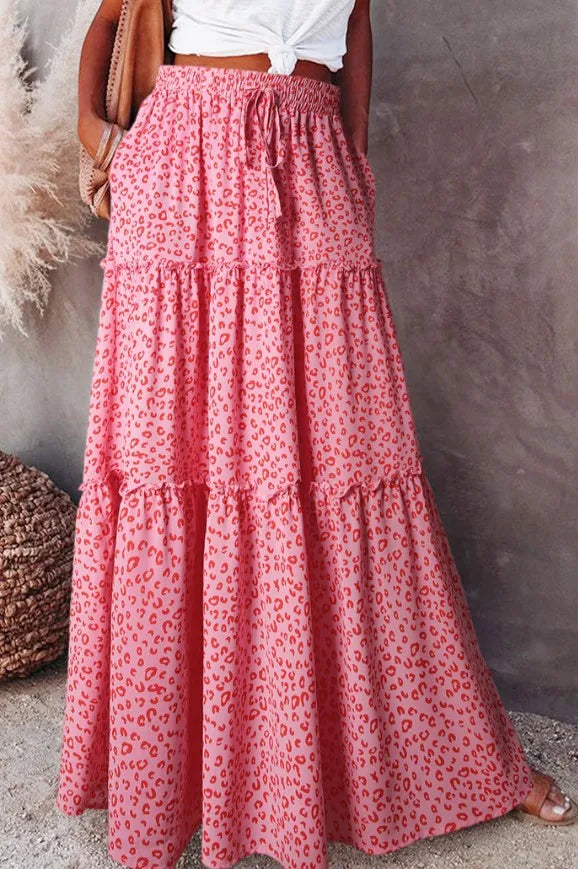 New Long Skirt Retro Skirt Loose Casual High Waist Skirt Bohemian Style Patchwork Pleated Pocket Skirt