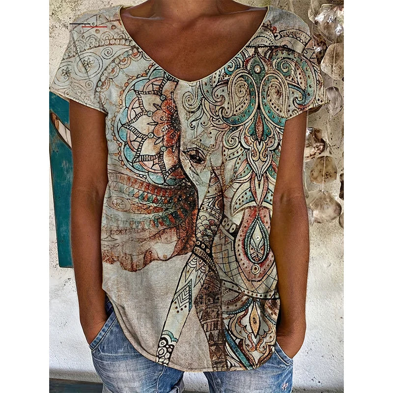 Indian Elephant T-shirts Ethnic Geometry Floral 3D Print Women Streetwear V-Neck T Shirt Harajuku Y2k Top Oversized Tees Clothes