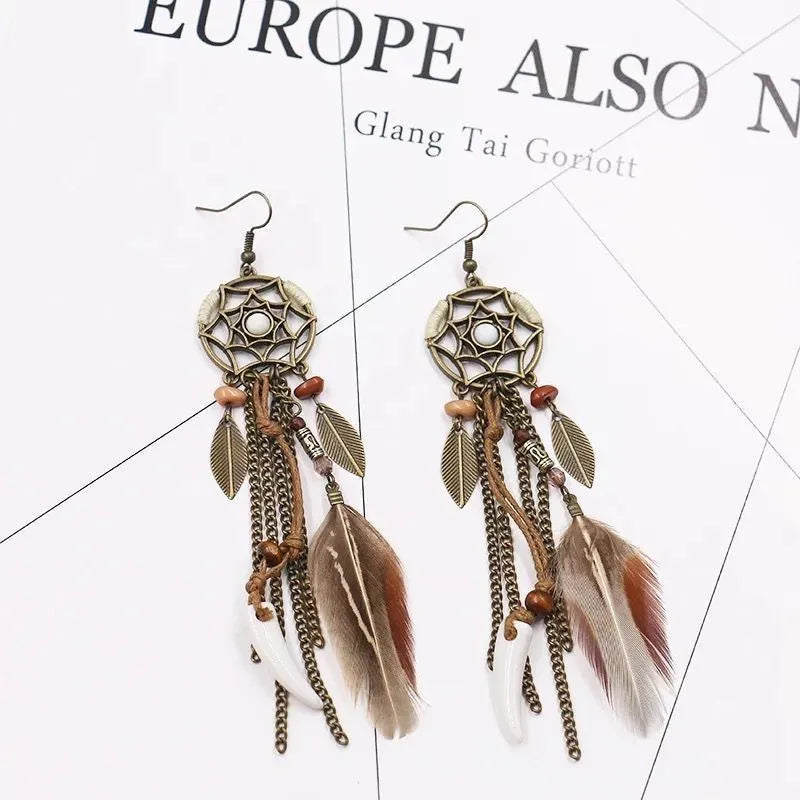 the DREAM CATCHER - Boho Tribal Vintage Dream Catcher Feather Leaf Long Tassel Dangling Earrings for Women