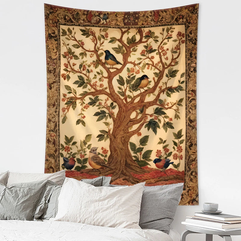 the BIRD TREE - Retro Flower and Bird Tree Tapestry Wall Hanging, Abstract Art Home Decor