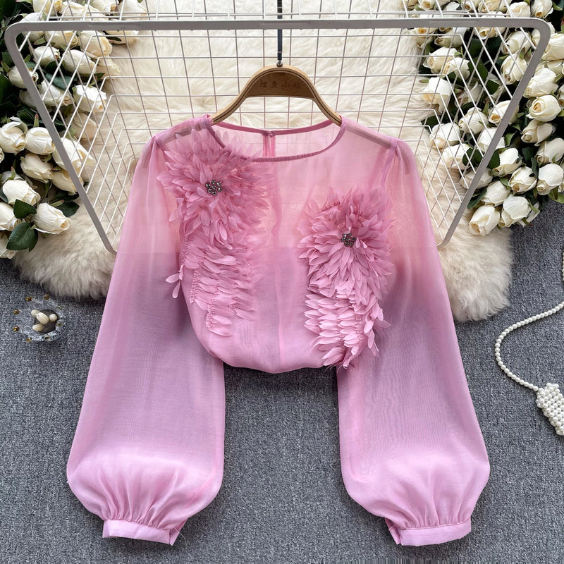 SINGREINY Spring Loose Satin Blouse Women O Neck Long Sleeves Sheer Bohemian Top 2024 Transparent 3D Floral Casual Shirt