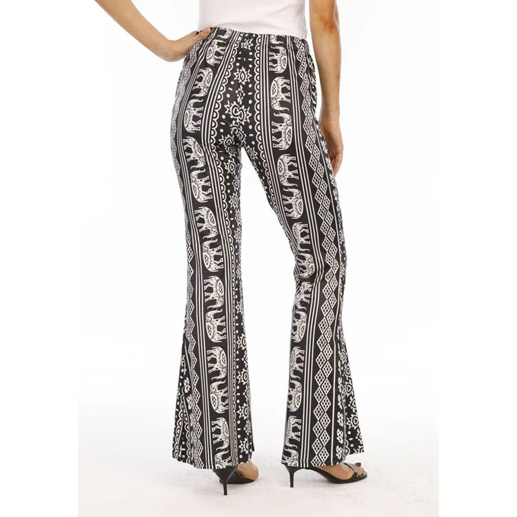 Women Tight-Fitting Hip Flare Pants Retro Rose Print Big Bell-Bottom Boho Printed Flare Pants Spring Summer Pantalones De Mujer