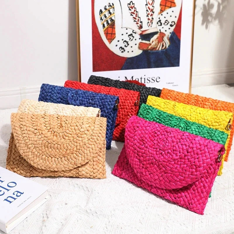 the LETTER BAG - Fashionable Corn Husk Straw Bags, Hand-Woven Women Clutch, Envelope Handbag Long Purse for Female, Summer Beach Bag