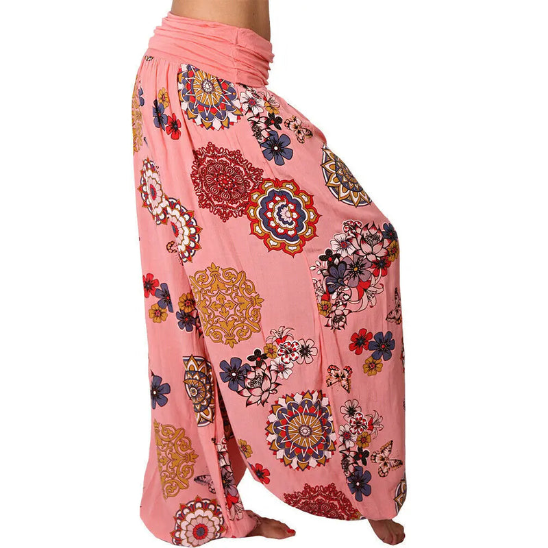 Summer Women's Fashion Floral Print Long Wide Leg Pants  Elastic Waist Haren Pants Casual Pants Haren Pants