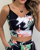 the SHORTY - Summer Women 2-Piece High Waist Hot Shorts Flower Printed Sleeveless V-Neck Sling Blouse Shorts Set