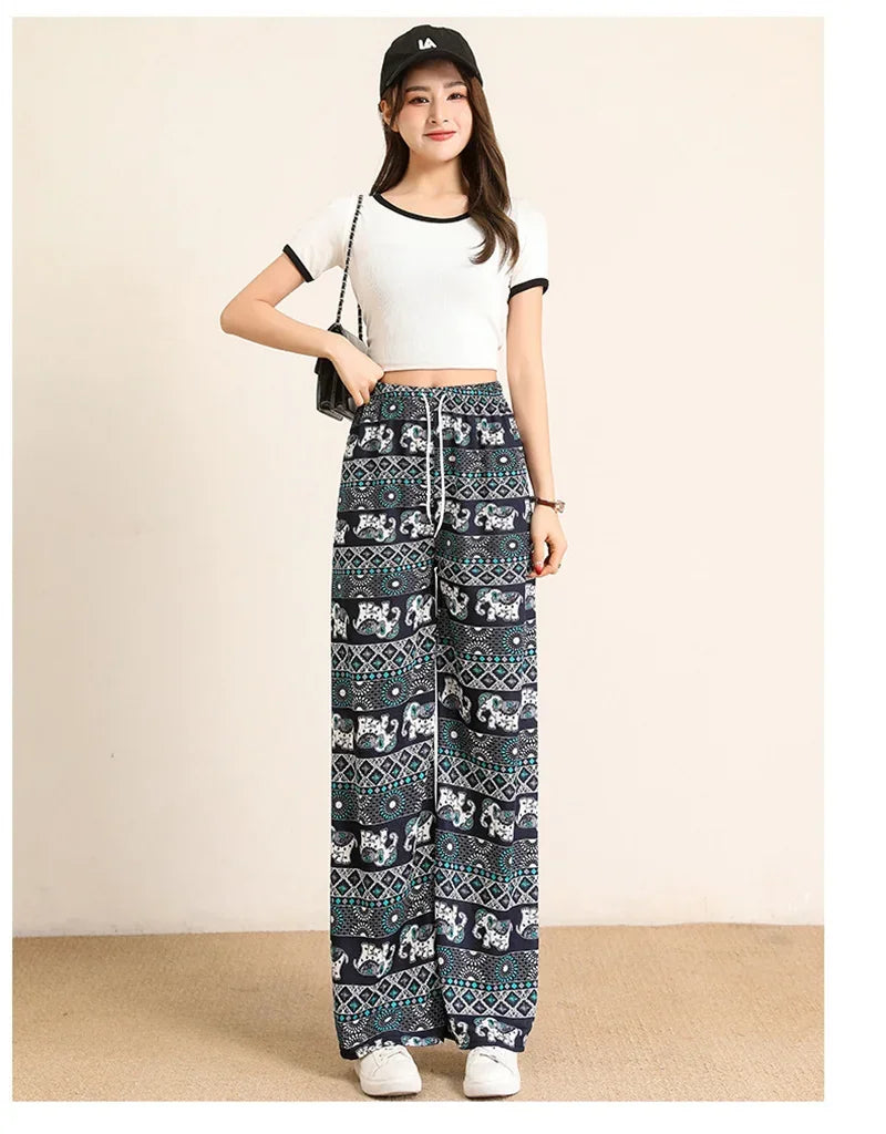 Women Wide Leg Pants High Waist Elephant Print Pant Summer Thin Straight Trousers Casual Bottoms Female Clothing 2023 Fashion