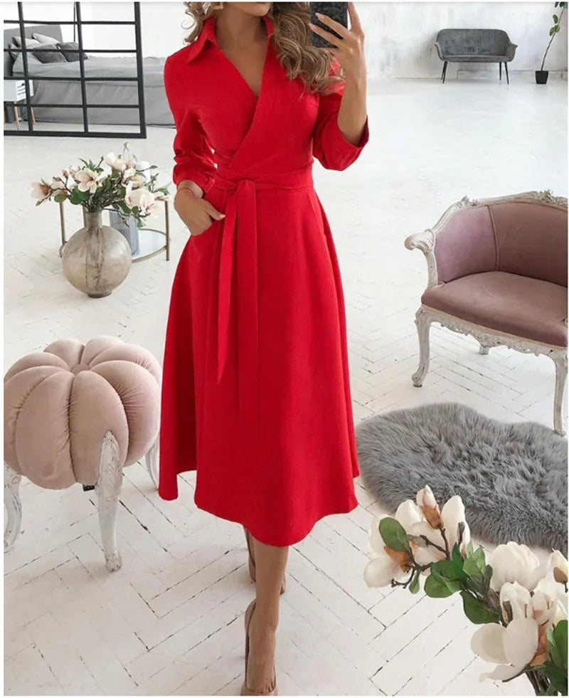 Women V-Neck Dress Spring And Summer New Fashion Three Quarter Sleeve Printed Women's Dress With Waist Tie Up Polo Long Dress