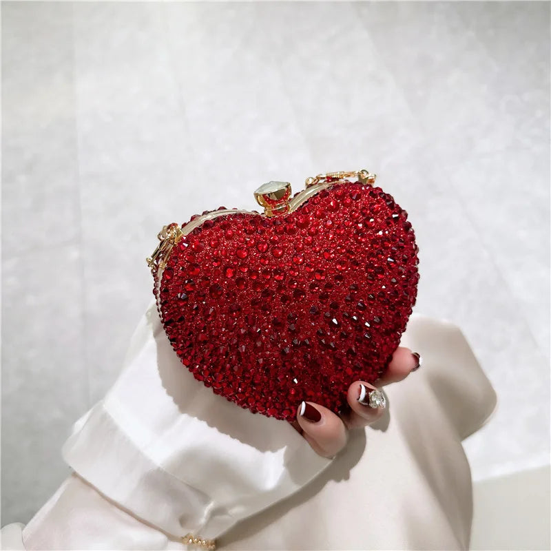 the CRYSTAL HEART - Luxury Diamond Inlay Heart Shape Crystal Clutch Purse, Stones Evening Wedding Party Shoulder Bag, Handle Rhinestone Mini Handbags