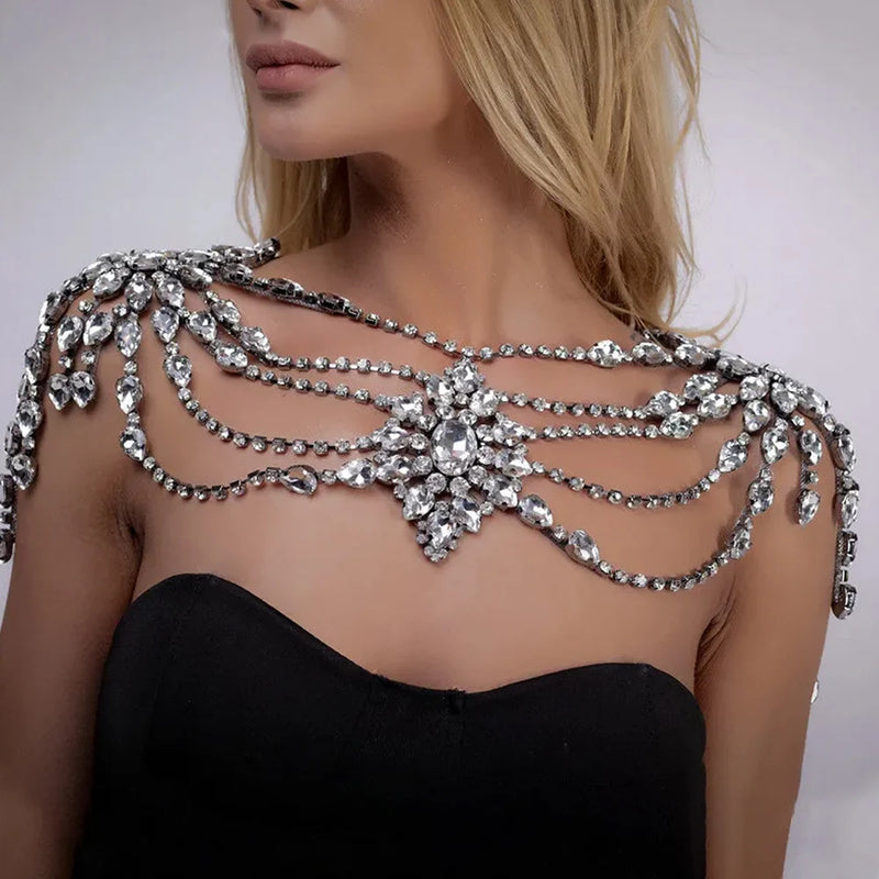 the BREASTPLATE - Boho Crystal Bridal Shoulder Chain Necklace Bead Shawl Wraps Wedding Chest Body Chain Dress Jewelry