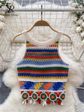 SINGREINY Bohemian Rainbow Knit Tops Y2k Hooked Flower Hollow Out Sleeveless Sweet Summer Women Holiday Beachwear Colorful Camis