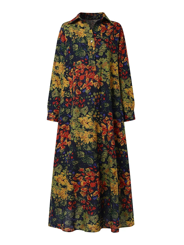 ZANZEA Floral Printed Long Sleeve Cotton Maxi Dress Women Spring 2025 Loose Casual Lapel Neck Shirtdress Streetwear Long Vestido