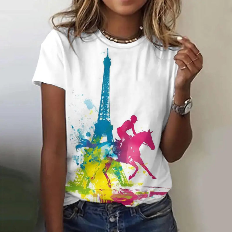 Summer Paris Eiffel Tower 3D Print T-shirts Women Streetwear Casual Fashion Y2k Short Sleeve T Shirt O-neck Tees Tops Clothing