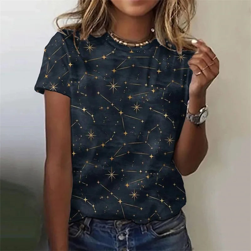 3D Printed Sun Stars Moon T Shirt For Women Starlit Sky Graphic Tees Summer Casual Loose T-Shirts Round Neck Tops Short Sleeves