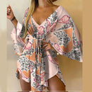 the RESORT BOHO - Women Print Dress Sexy V-Neck Bat Sleeve Ruffle Flowers Print Bohemian Beach Loose Summer Vacation Mini Dresses