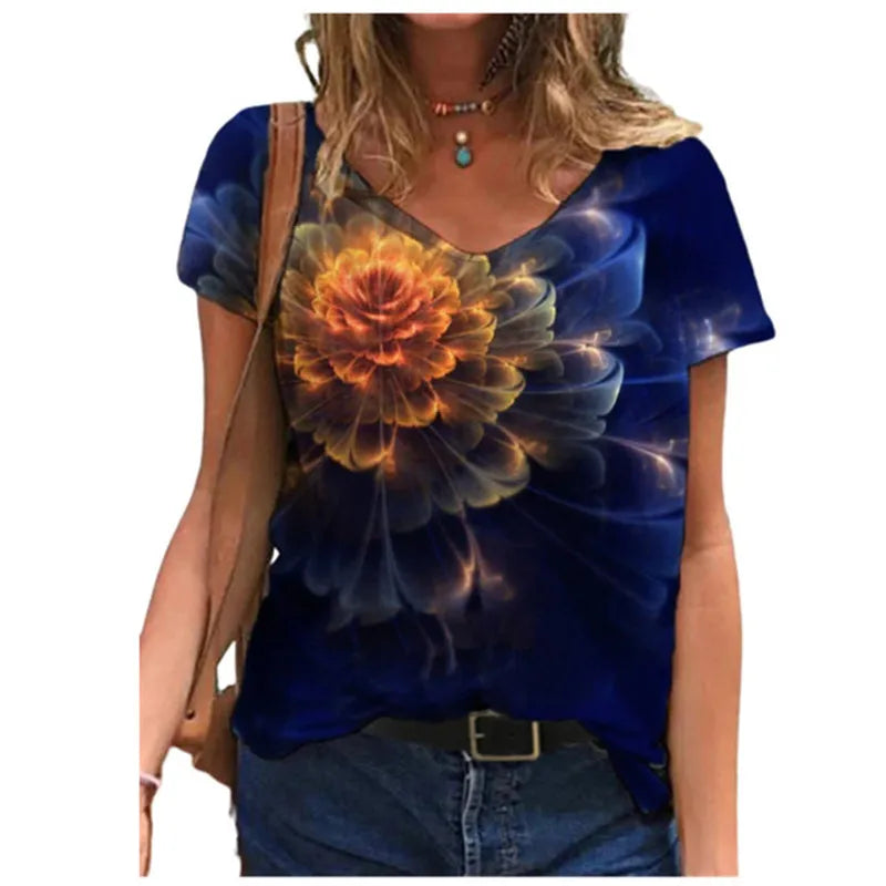 Oversized Summer Women Tops Fashion Short Sleeve 3d Flower Print Beauty T Shirt Streetwear Loose Harajuku Casual Female Clothing