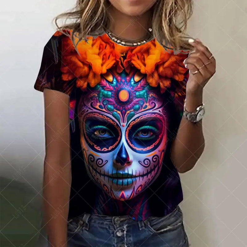 Women's T-shirt for Girls Summer Short Sleeve Fashion Casual Sexy Girls Clothes Horror Undead Skull Pattern oversized T-shirts