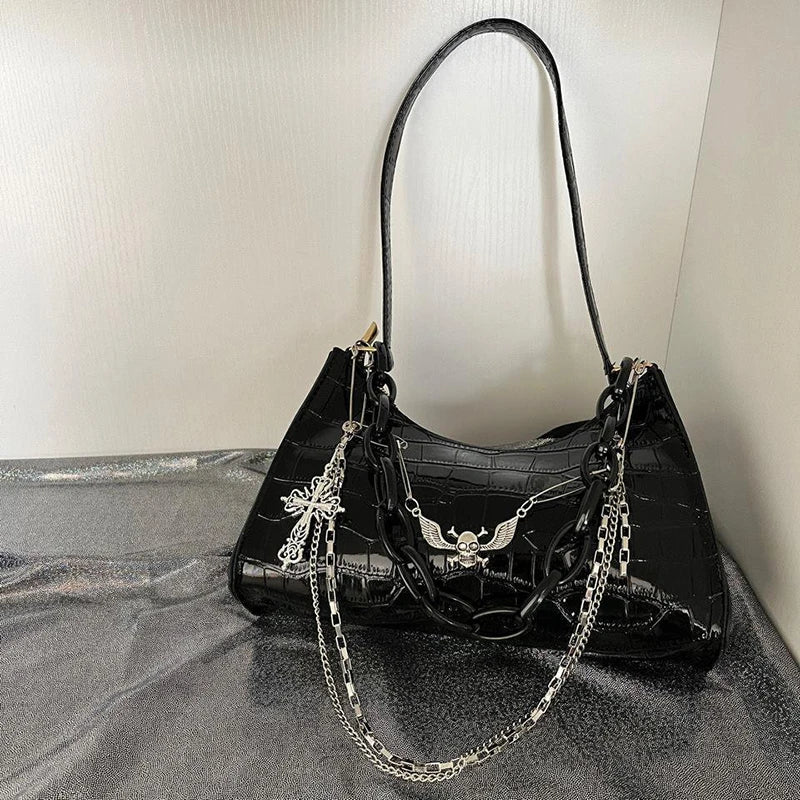 the VAMP GIRL - Retro Women's Underarm Bag, Trend Gothic Skull Chains Handbags and Purse, High Street Punk Cross Shoulder Bags