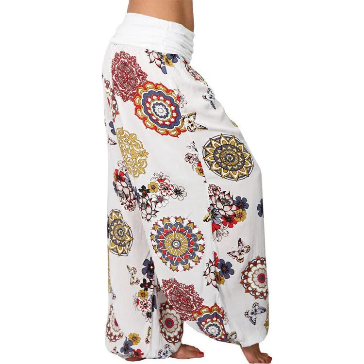 Summer Women's Fashion Floral Print Long Wide Leg Pants  Elastic Waist Haren Pants Casual Pants Haren Pants