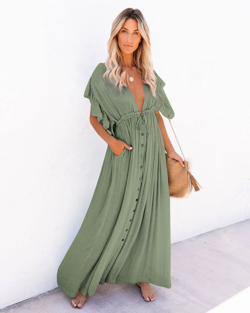 2024 Summer Long Bikini Cover Ups for Women Solid V-Neck Kimono Beach Dresses Lace Up Anti-Sun Swim Dress Bohemian Sarong Skirt