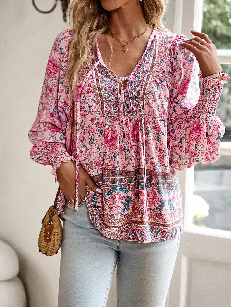 Boho lnspired Pink Floral Blouse Women V-neck Tassel Long Sleeve Bohemian Women Tops New Summer Fashion  Blouse Shirt For Women