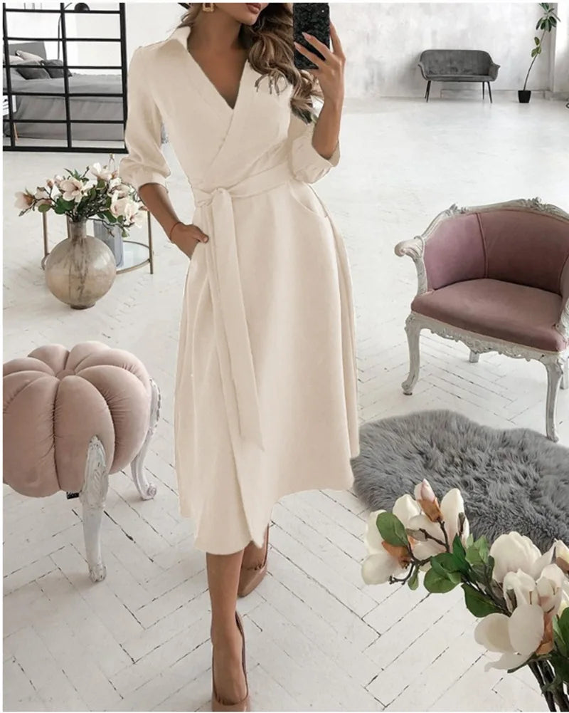 Women V-Neck Dress Spring And Summer New Fashion Three Quarter Sleeve Printed Women's Dress With Waist Tie Up Polo Long Dress