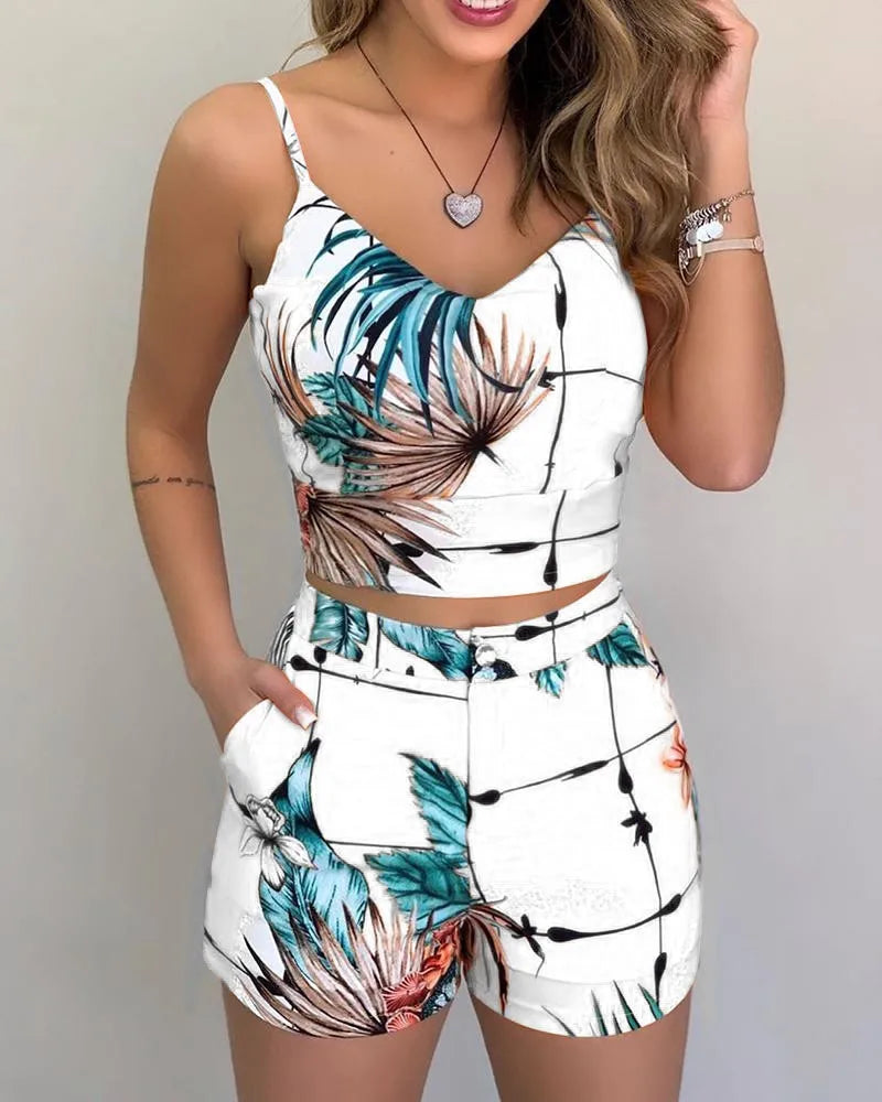 Women 2-piece Outfit Set Female High Waist Hot Shorts Pants Suit Summer Flower Printed Sleeveless V-neck Sling Blouse Shorts Set