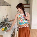 the KNITTED TANK - Women Short Crocheted Tassels Summer Bohemian Hollow Knitted Vest Crop Top Floral Sleeveless Cami O-Neck Beach Top