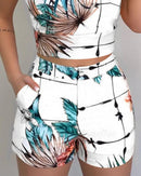 the SHORTY - Summer Women 2-Piece High Waist Hot Shorts Flower Printed Sleeveless V-Neck Sling Blouse Shorts Set