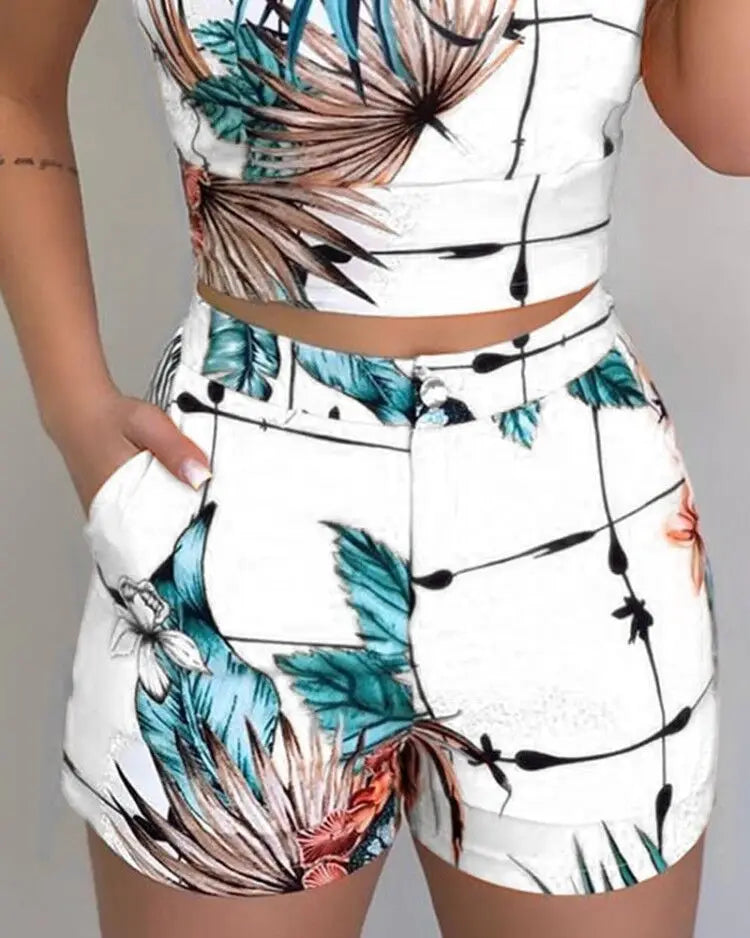 Women 2-piece Outfit Set Female High Waist Hot Shorts Pants Suit Summer Flower Printed Sleeveless V-neck Sling Blouse Shorts Set