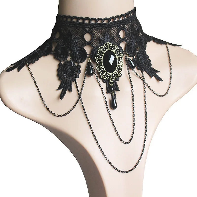 the GOTHIC VICTORIAN - Gothic Victorian Black Lace Necklace Women/Girl Boho Crystal Tassel Sexy Lace Choker Dark Style Jewelry