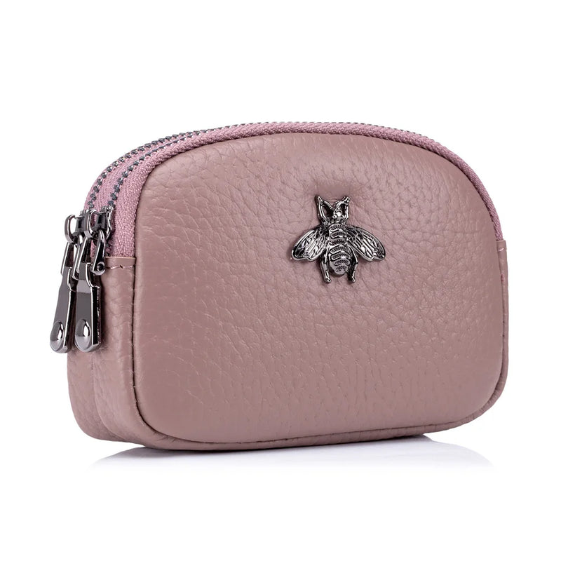 the BEE BAG - Women Cowhide Double Zipper Portable Wallets, Bag Bee Card Hoder Lipstick Case Leather Mini Earphone Coin Purse