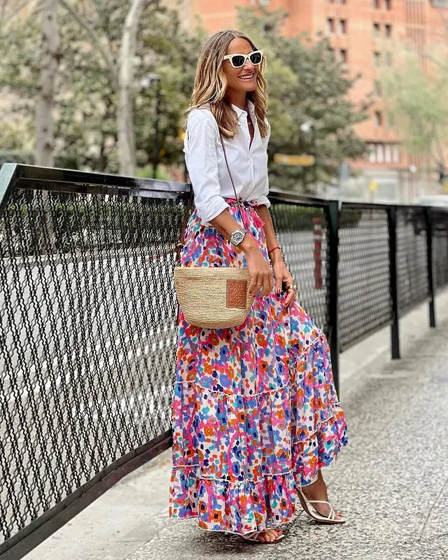 Boho Women Long Floral Skirts Summer Autumn Loose Casual Skirt Fashion Elastic Waist Big Hem Long Beach Skirt Women Clothes