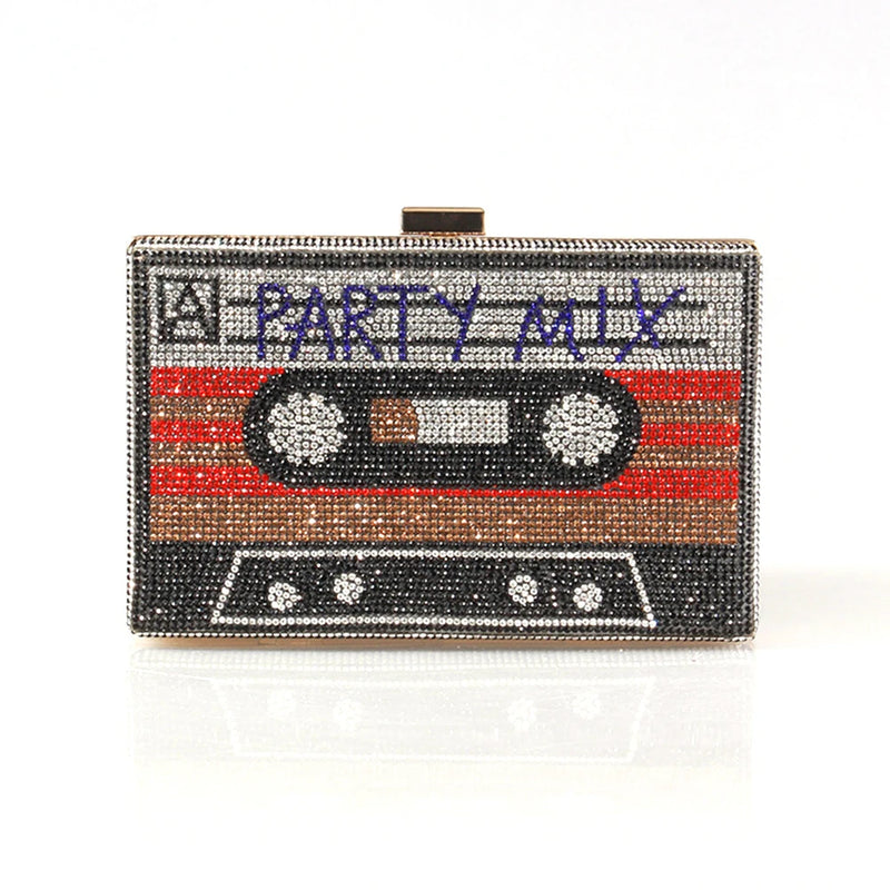 the MIX TAPE - Fashion Crystal Women's Luxury Rhinestone Wedding Clutch Bag, Cassette Tape Evening Bag, Party Money Purses, Handbags/Shoulder Bag