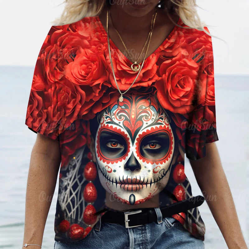 2023 Vintage Skull Face Women's T Shirt Tops V Neck Casual Cotton Short Sleeve Pullover Summer Female Harajuku Punk Streetwear