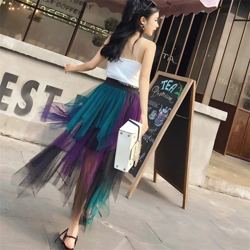 Fashion Summer Tutu Women Skirt Harajuku Tulle Bottom Faldas Casual High Waist Midi Mesh Skirts Woman Clothes Saia Jupe Femme