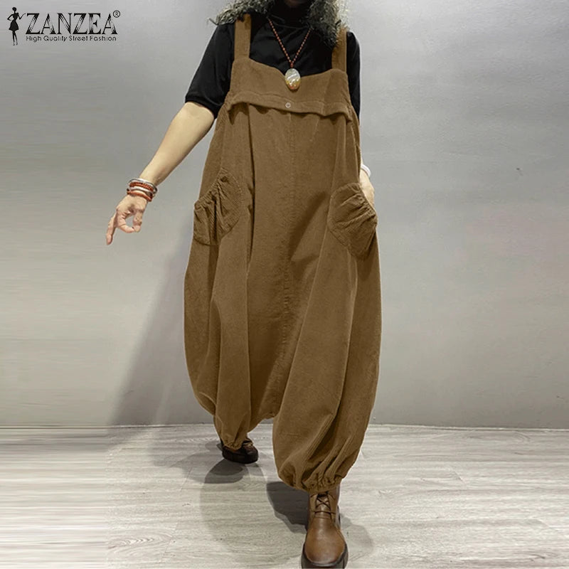 ZANZEA Streetwear Corduroy Bibbed-Jumpsuits Women Wide Leg Pant Drop-Crotch Overalls 2025 Spring Loose Casual Suspender Rompers