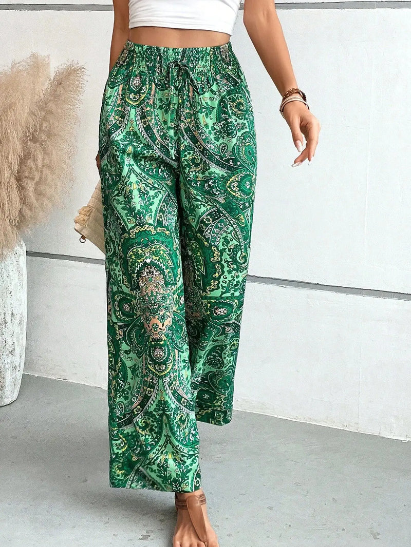 Women's Pants 2024 Summer New Fashion Versatile Printed Elastic Waist Wide Leg Pants Retro Ethnic Style Elastic Waist Trousers